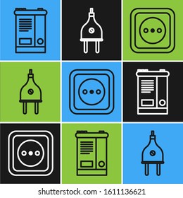 Set line Car battery, Electrical outlet and Electric plug icon. Vector
