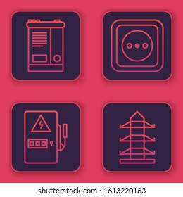 Set line Car battery, Electrical panel, Electrical outlet and High voltage power pole line. Blue square button. Vector