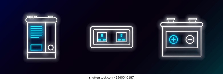Set line Car battery,  and Electrical outlet icon. Glowing neon. Vector