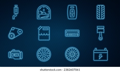 Fije la línea Batería del coche, pistón del motor, llave con mando a distancia, cartucho para gasolina, kit del cinturón de tiempo, silenciador, sonido e icono del indicador del motor. Vector