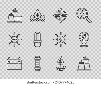 Set line Car battery, Factory, Wind turbine, Battery, LED light bulb, Earth globe and leaf and Location with icon. Vector
