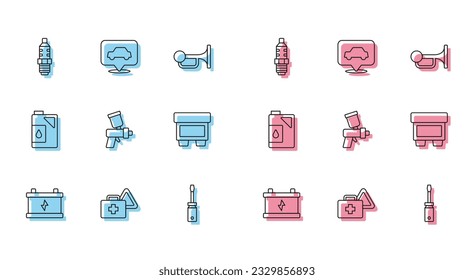 Fijar la línea Batería del coche, el kit de primeros auxilios y el triángulo de advertencia, chispa, destornillador, pistola de pintura, fusible, cartucho para aceite de motor e icono de servicio. Vector