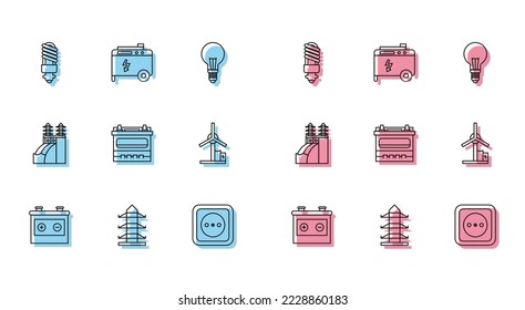 Set line Car battery, High voltage power pole line, LED light bulb, Electrical outlet, Wind turbine, Nuclear plant and Portable electric generator icon. Vector