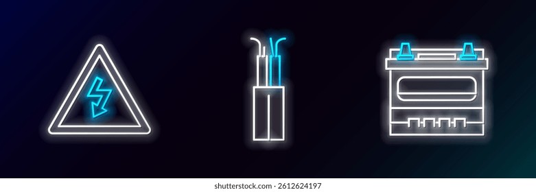 Set line Car battery, High voltage sign and Electric cable icon. Glowing neon. Vector