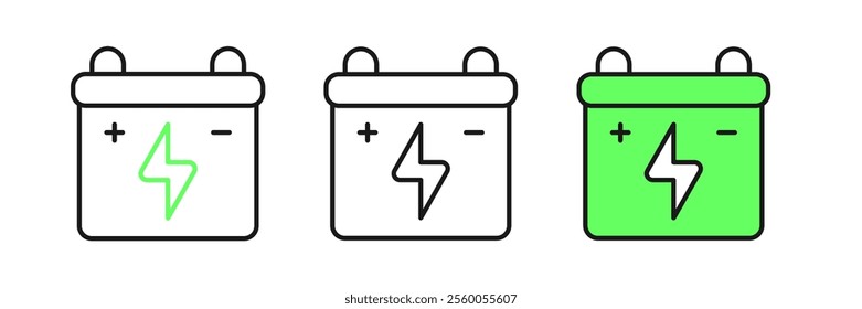 Set line Car battery icon isolated on white background. Accumulator battery energy power and electricity accumulator battery.  Vector