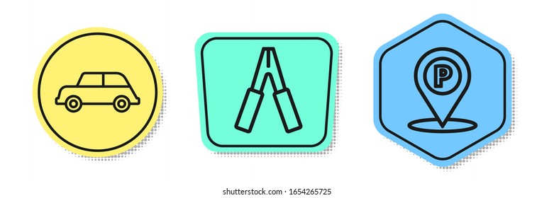 Set line Car, Car battery jumper power cable and Location with parking. Colored shapes. Vector