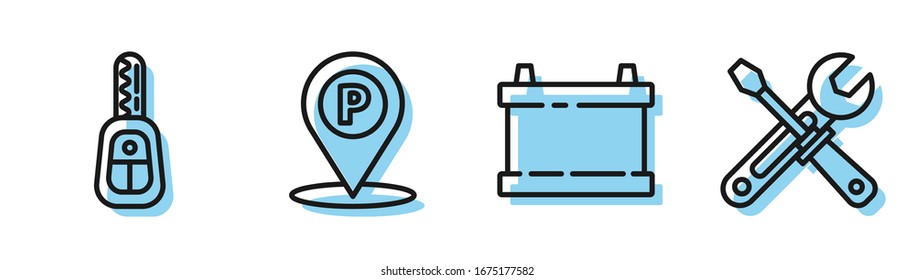 Ajuste la batería del Camión de línea, la llave del Camión con mando a distancia, la ubicación con estacionamiento y el icono de las herramientas de destornillador y llave. Vector