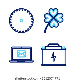 Set line Car battery, Laptop with envelope, Four leaf clover and Circular saw blade icon. Vector