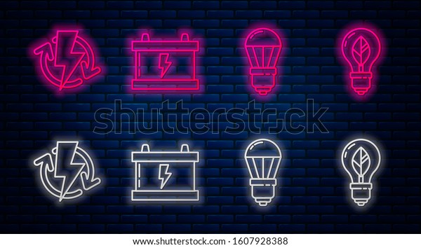 Set line\
Car battery, LED light bulb, Recharging and Light bulb with leaf.\
Glowing neon icon on brick wall.\
Vector
