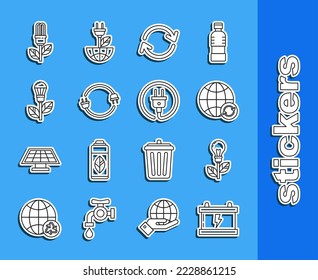 Fijar la línea Batería del coche, Bombilla de luz con hoja, Planeta tierra y reciclaje, Refrescar, enchufe eléctrico e icono. Vector