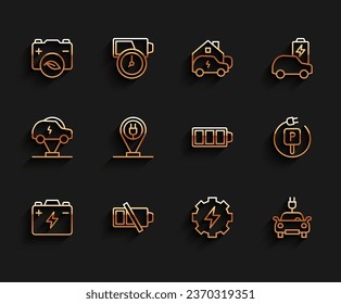 Set line Car battery, Low, Eco nature leaf, Gear and lightning, Electric car, Charging parking electric,  and Battery charge icon. Vector