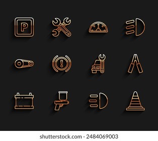 Batería de coche, pistola de pintura, estacionamiento, luz de carretera, cono de tráfico, advertencia del sistema de frenos, cable de alimentación de puente e icono de servicio. Vector