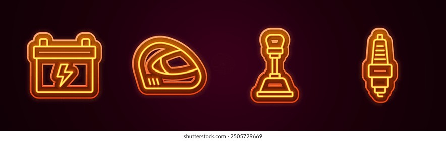 Set line Car battery, Racing helmet, Gear shifter and spark plug. Glowing neon icon. Vector