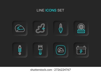 Batería de coche, casco de carreras, pistón del motor, amortiguador, rueda de neumático, bujía, kit de correa de distribución e icono. Vector