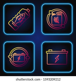 Set line Car battery, Battery with recycle symbol, Stop ocean plastic pollution and Bio fuel canister. Gradient color icons. Vector