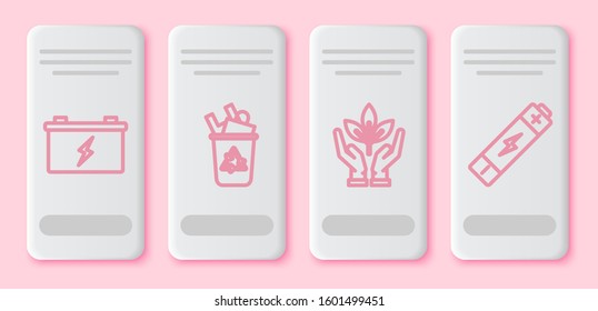 Set line Car battery, Recycle bin with recycle symbol, Plant in hand of environmental protection and Battery. White rectangle button. Vector