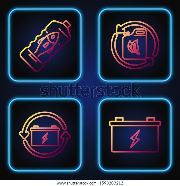 Set line Car battery, Battery with recycle symbol,\
Stop ocean plastic pollution and Bio fuel canister. Gradient color\
icons. Vector