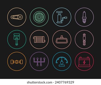 Set line Car battery, Shock absorber, air pump, radiator cooling system, Engine piston, Timing belt kit, mirror and wheel icon. Vector