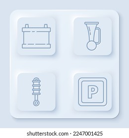Set line Car battery, Signal horn on vehicle, Shock absorber and Parking. White square button. Vector