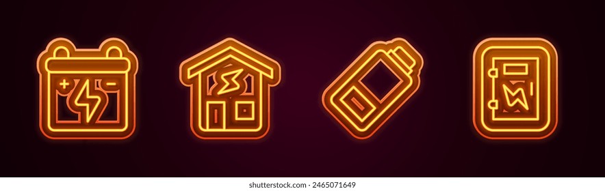 Set line Autobatterie, Smart Home, Batterie-Abbuchung und Elektro-Panel. Leuchtendes Neon-Symbol. Vektorgrafik