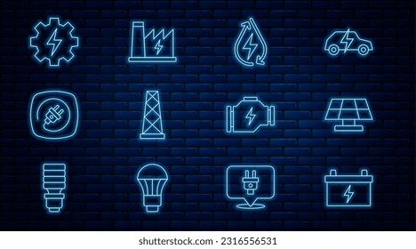 Fijar la línea Batería del coche, panel de energía solar, Agua, antena, enchufe eléctrico, Engranaje y relámpago, Comprobar el motor y el icono de la planta de energía nuclear. Vector
