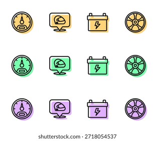 Fije la línea de la batería de coche, el velocímetro, el casco de carreras y la rueda de la aleación para el icono del coche. Vector
