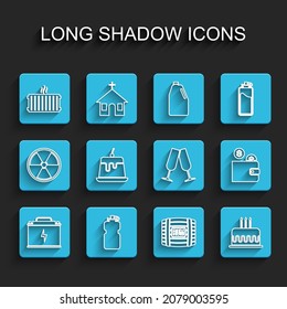 Set line Car battery, Sport bottle with water, Heating radiator, Wooden barrel rum, Cake burning candles, Pudding custard, Wallet coin and Glasses of champagne icon. Vector