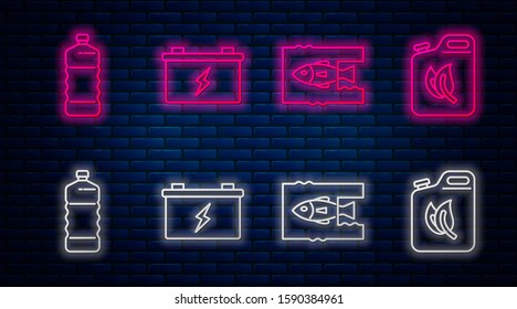 Set line Car battery, Stop ocean plastic pollution, Plastic bottle and Bio fuel canister. Glowing neon icon on brick wall. Vector