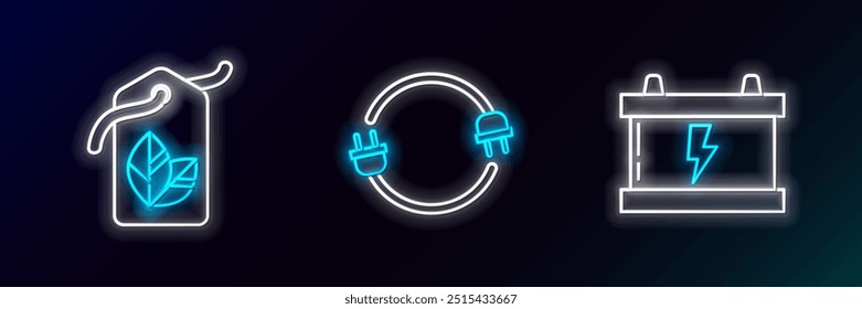 Set line Car battery, Tag with leaf symbol and Electric plug icon. Glowing neon. Vector