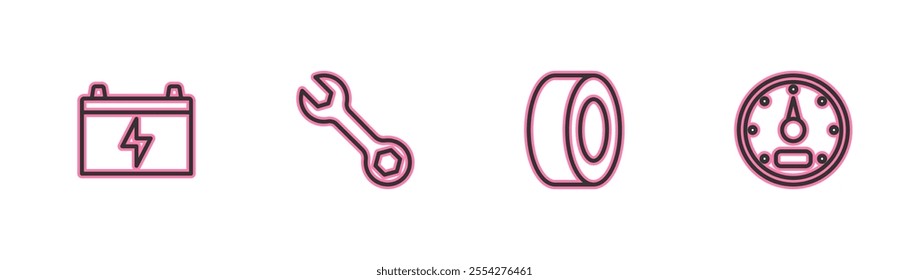 Set line Car battery, tire, Wrench spanner and Speedometer icon. Vector