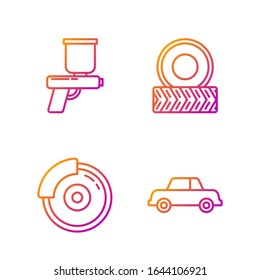 Set line Car, Car brake disk with caliper, Paint spray gun and Car wheel. Gradient color icons. Vector