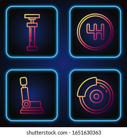 Set line Car brake disk with caliper, Car seat, Car air pump and Gear shifter. Gradient color icons. Vector