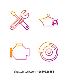 Ajuste el disco de freno de Camión de línea con la pinza de freno, compruebe el motor, las herramientas de destornillador y llave y el cartucho para ver si hay aceite para la máquina motora. Iconos de color degradado. Vector