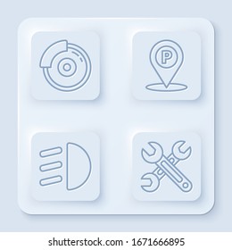 Set line Car brake disk with caliper, Location with parking, High beam and Wrench. White square button. Vector