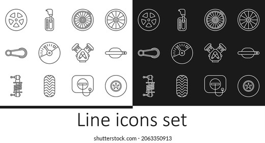 Set line Car brake disk, door handle, wheel, Speedometer, engine and Gear shifter icon. Vector