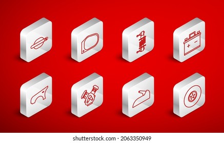 Fije la línea Disco de freno de coche, espejo, amortiguador, batería, freno de mano, mango de la puerta, motor e icono del guardabarros. Vector