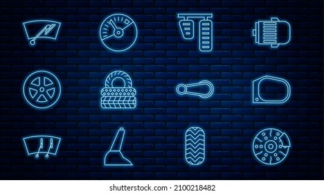 Set line Car brake disk with caliper, mirror, gas and pedals, tire, wheel, Windscreen wiper, door handle and Speedometer icon. Vector