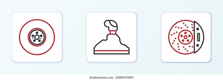 Set line Car brake disk with caliper,  and Gear shifter icon. Vector