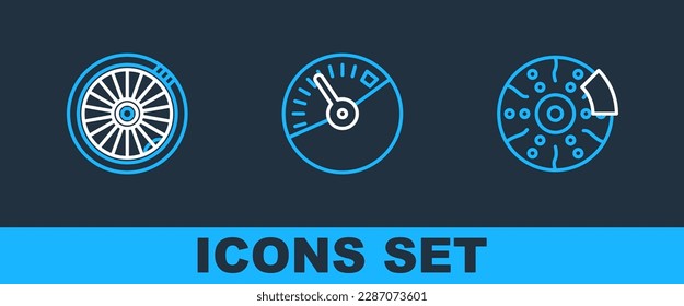 Set line Car brake disk with caliper, wheel and Speedometer icon. Vector