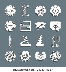 Set line Car brake disk with caliper, Windscreen wiper, Oil filler cap at gas station, door, Steering wheel,  and  icon. Vector