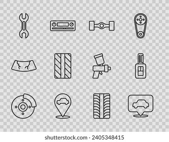 Ajuste el disco de freno de coche de línea con la pinza de freno, el servicio, el automóvil del chasis, la ubicación, el interruptor de llave, la rueda del neumático y el icono remoto de la llave. Vector