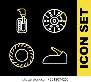 Set line Car brake disk with caliper, handbrake, tire and Gear shifter icon. Vector