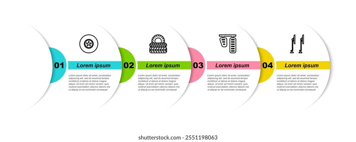 Definir linha Disco de freio de carro, pneu, gás e pedais e limpa para-brisas. Modelo de infográfico comercial. Vetor