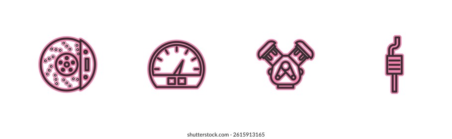 Set line Car brake disk with caliper, engine, Speedometer and muffler icon. Vector
