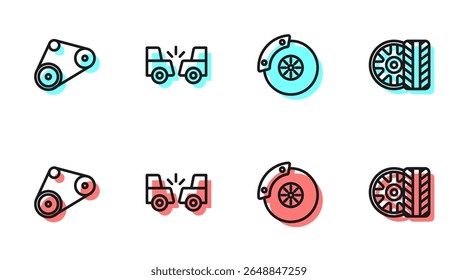 Set line Car brake disk with caliper, Timing belt kit, accident and tire wheel icon. Vector