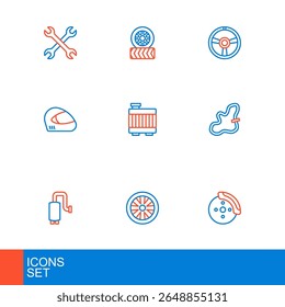 Set line Car brake disk with caliper, Stopwatch, muffler, Timing belt kit, Racing helmet, radiator cooling system, steering wheel and tire icon. Vector