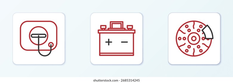 Set line Disco de freno de coche con pinza de freno, tapa de llenado de aceite en la gasolinera y el icono de la batería. Vector