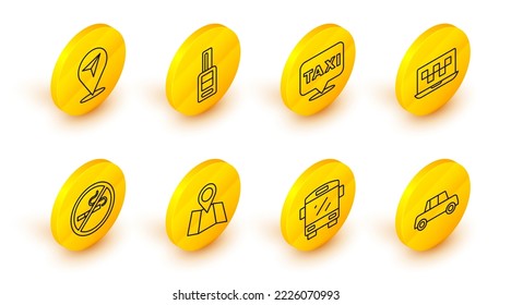 Set line Car, Bus, Folded map with location, No Smoking, Laptop call taxi service, Location, key remote and  icon. Vector