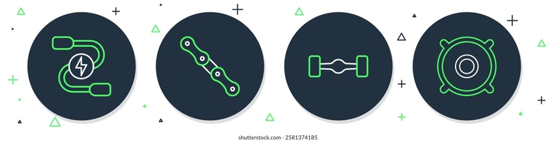 Set line Car chain, Chassis car, battery jumper power cable and audio speaker icon. Vector