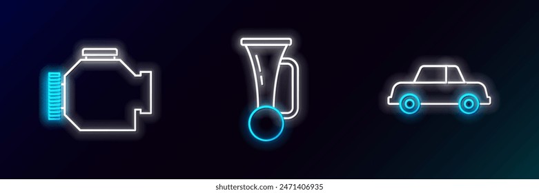 Set line Car, Check engine and Signal horn on vehicle icon. Glowing neon. Vector